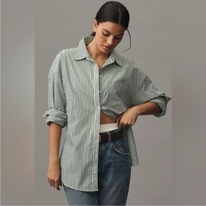 Anthropologie Bennett Buttondown Shirt by Maeve Green/White Stripe L